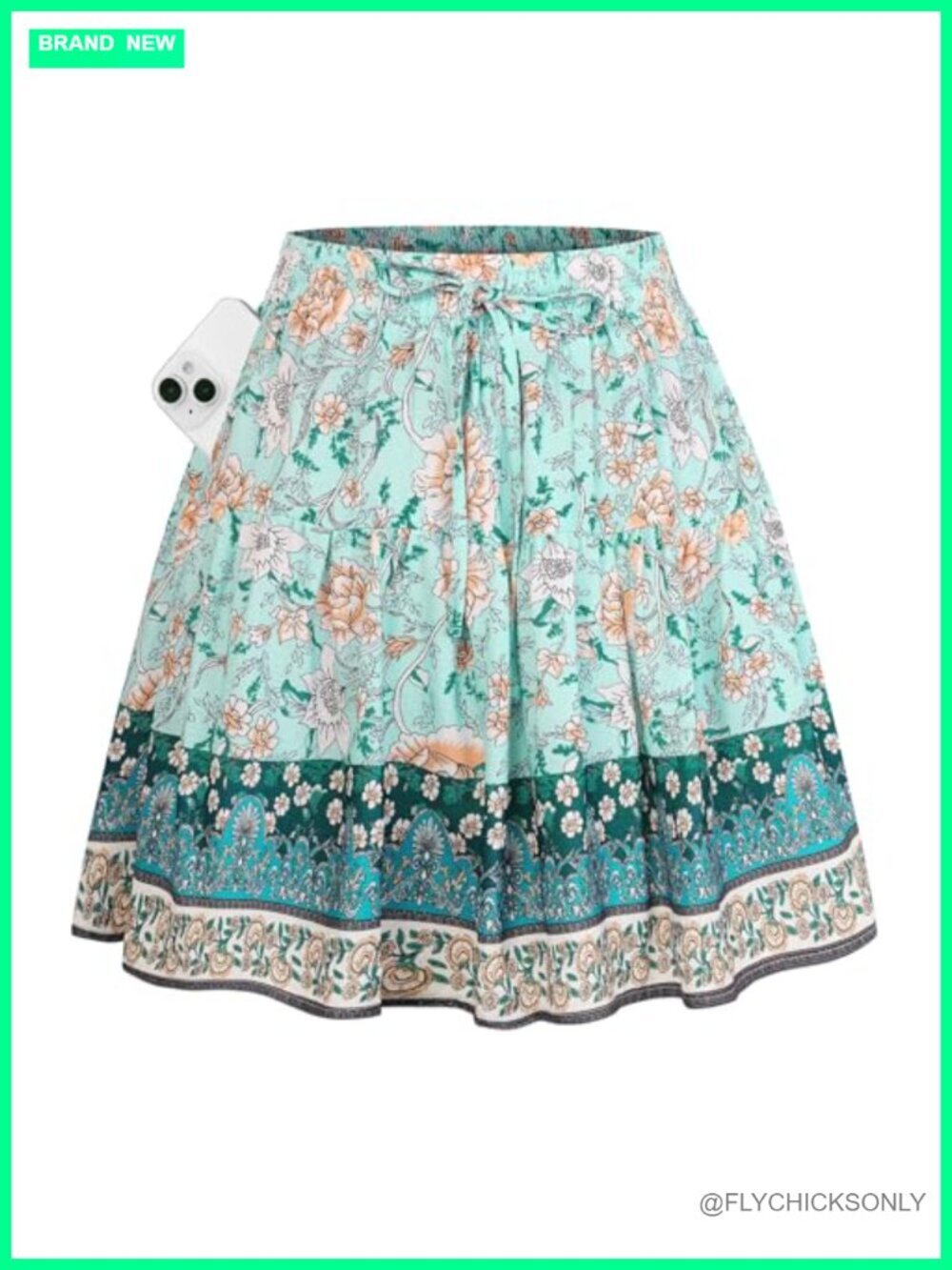 High Waist Skort with Pockets - Mini Length Bohemian Floral Print, Pull On